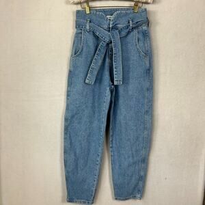 Zara Belted Balloon Jeans Women's 4 High Rise Denim Light Wash